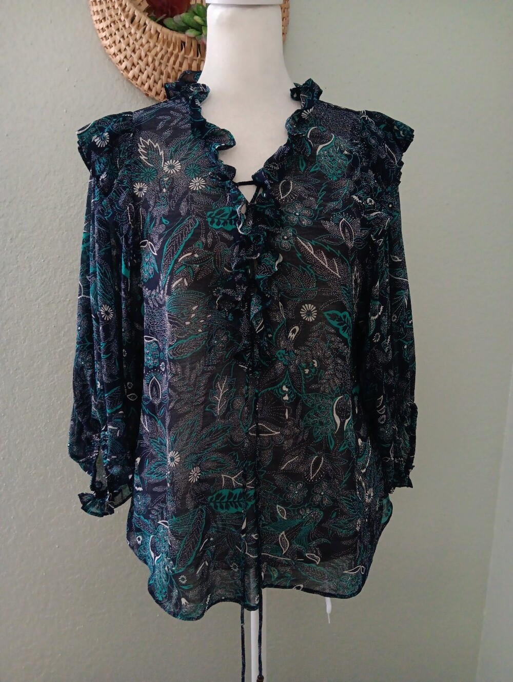 Anthropologie Teal & Black Ruffled Sheer Floral Blouse